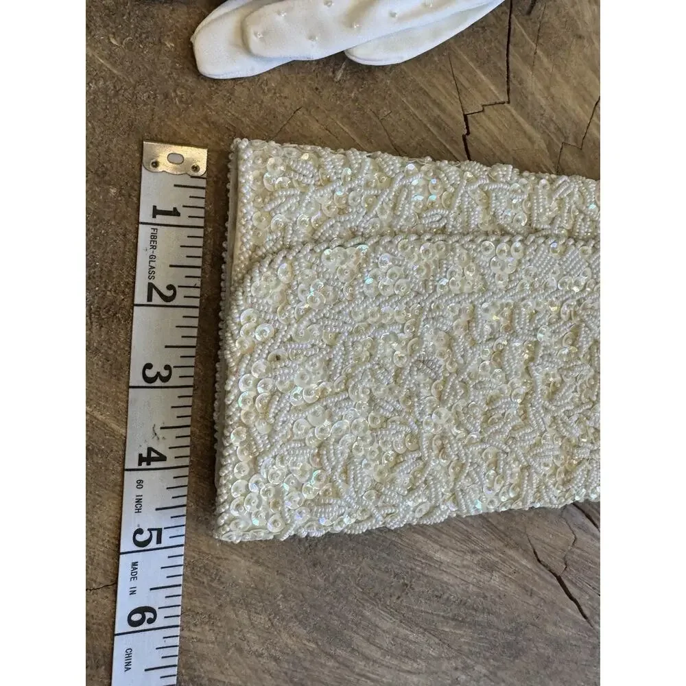 Vtg Weinstock-Hale Beaded Envelope Clutch Seed Beads Gloves White Bridal Evening